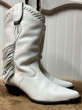 90s Code West White Tassel Western Cowboy Boots 7.5 Vintage